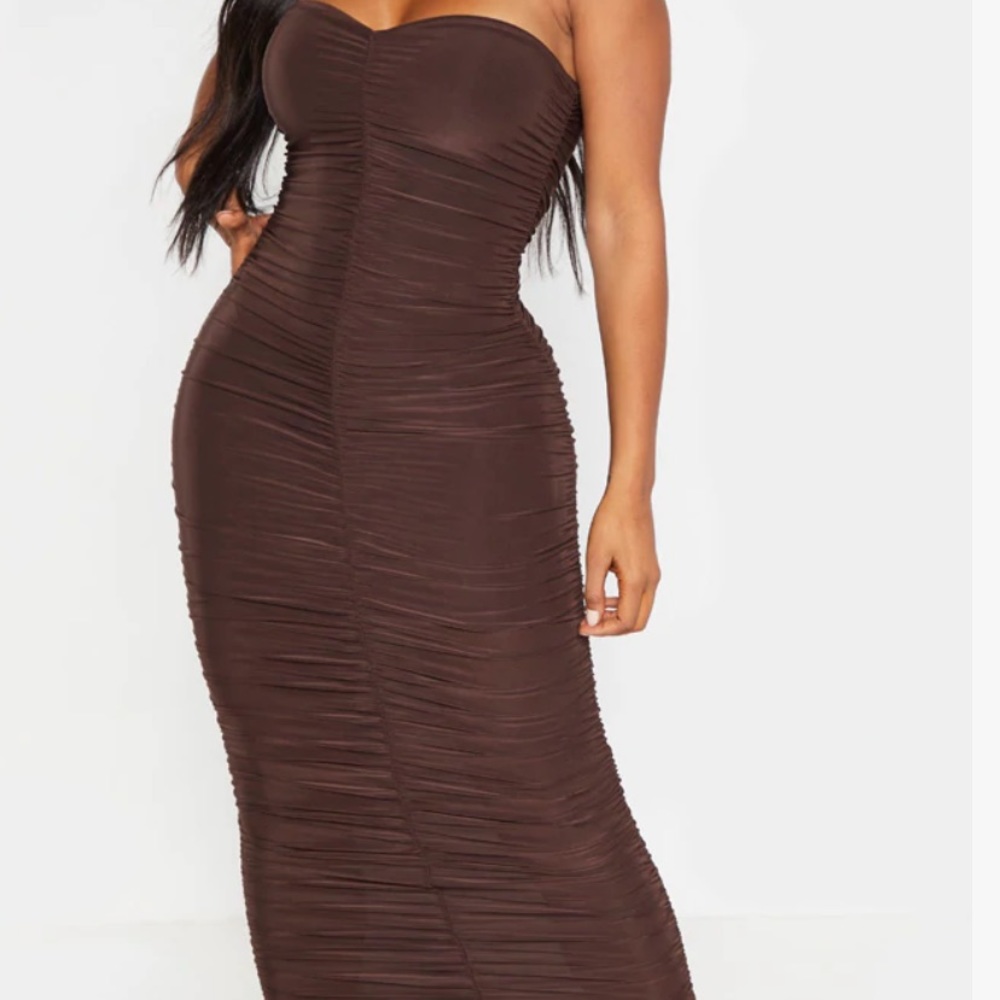 Chocolate Brown Strapless Ruched Midaxi Dress